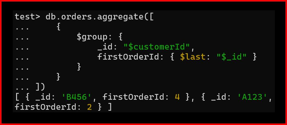 Picture showing the output of $last aggregation operator in mongodb